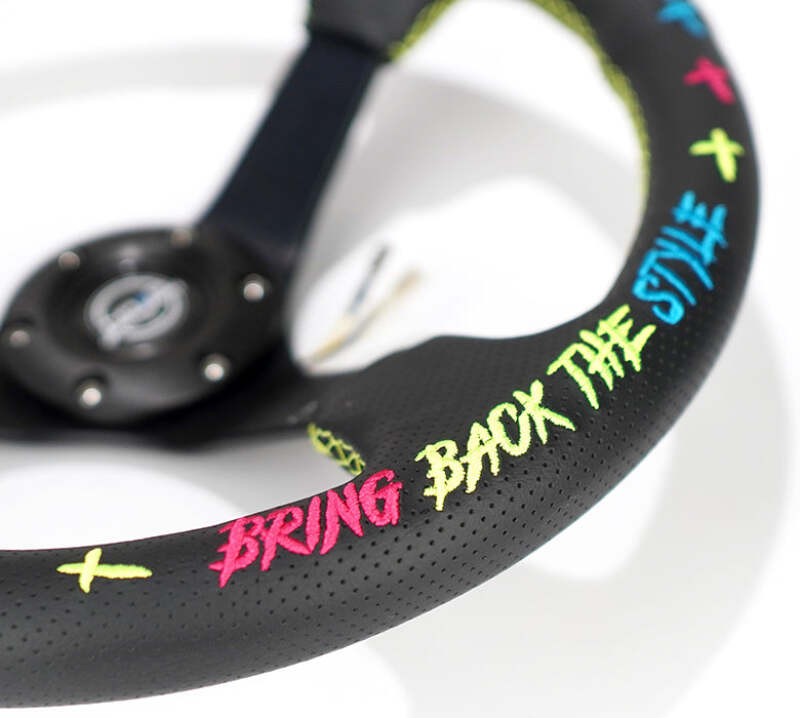 NRG Reinforced Steering Wheel - Oak Tree Outlaws 3in Deep/5mm Blk Spoke 350mm Wheel - Blk Perf Lthr thumbnail 2