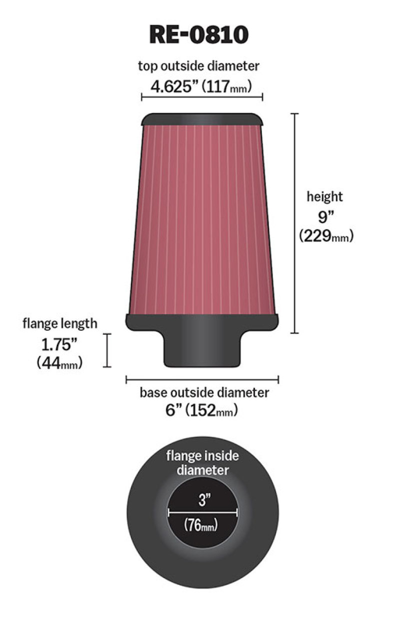 K&N Universal Rubber Filter 3inch FLG / 6inch OD-B / 4-5/8inch OD-T / 9inch L thumbnail 9