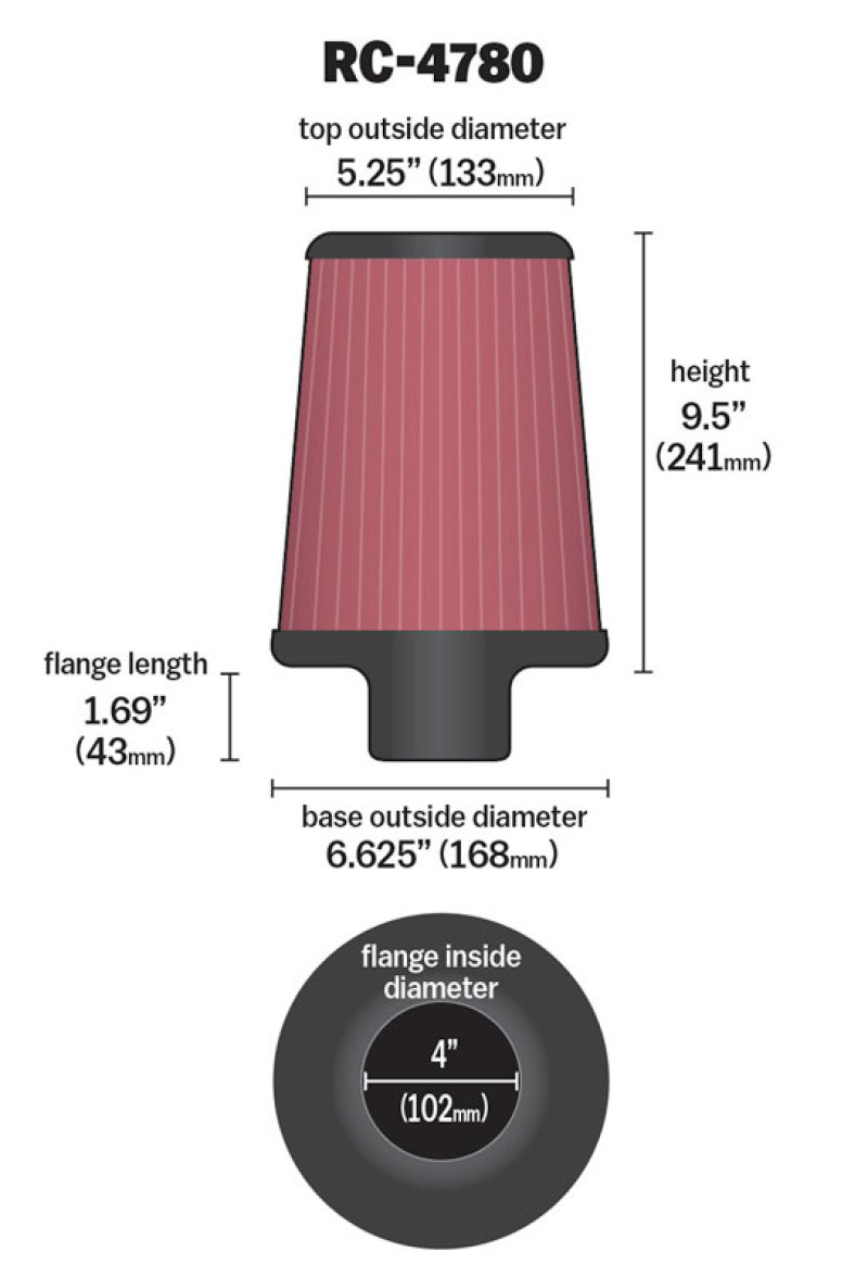 K&N Universal Filter Round Tapered 4in FlangeID / 6.625in Base OD / 5.25in Top OD / 9.5in Height thumbnail 6