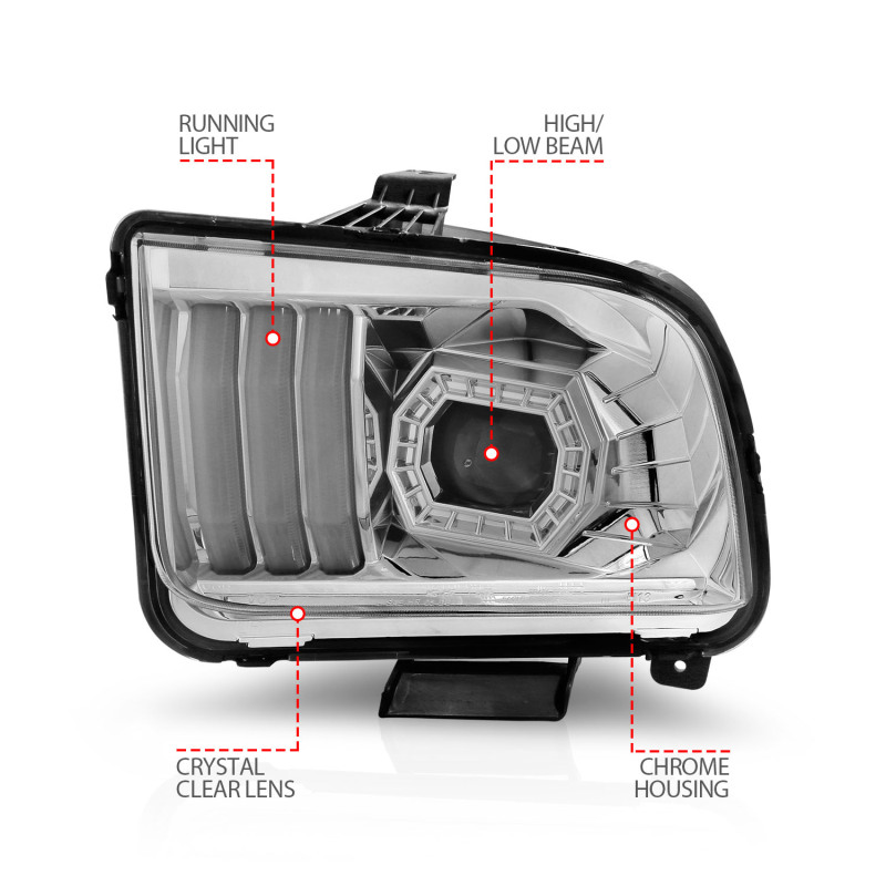 ANZO 05-09 Ford Mustang (w/Factory Halogen HL Only) Projector Headlights w/Light Bar Chrome Housing thumbnail 9