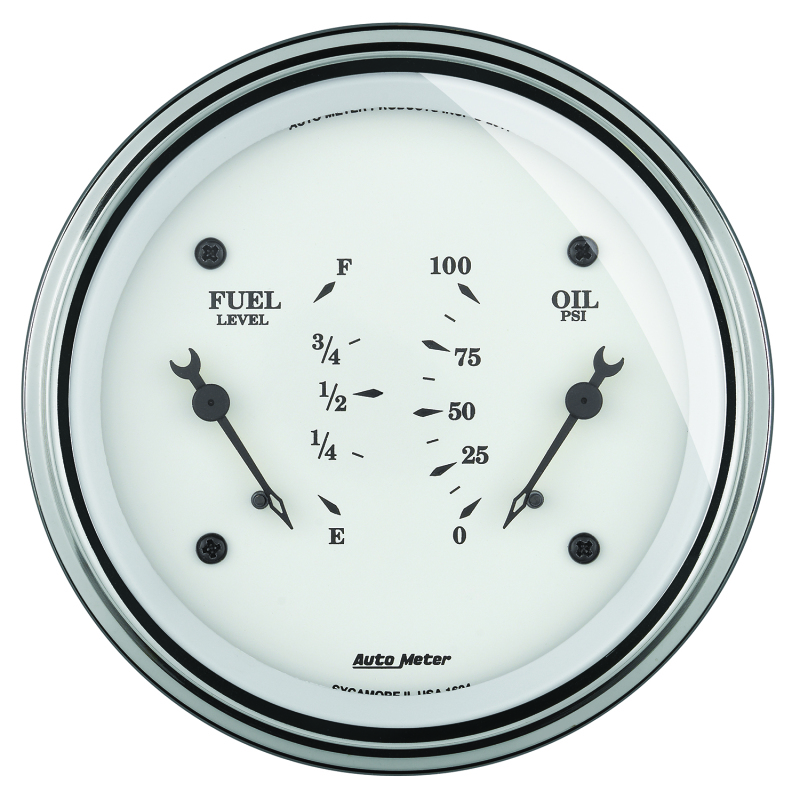 AutoMeter Gauge Dual Fuel & Oilp 3-3/8in. 0 Ohm(e) to 90 Ohm(f)& 100PSI Elec Old Tyme White