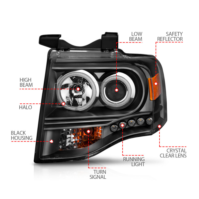 ANZO 2007-2014 Ford Expedition Projector Headlights w/ Halo Black thumbnail 9