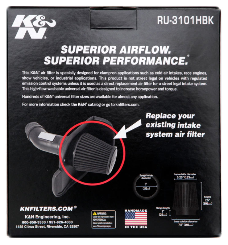 K&N Universal Rubber Filter Round Tapered 6in Flange ID x 7.5in Base OD x 5.25in Top OD x 8in Height thumbnail 8