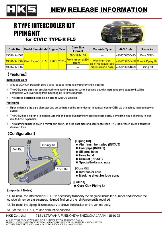 HKS Honda Civic Type R FULL INTERCOOLER KIT FL5