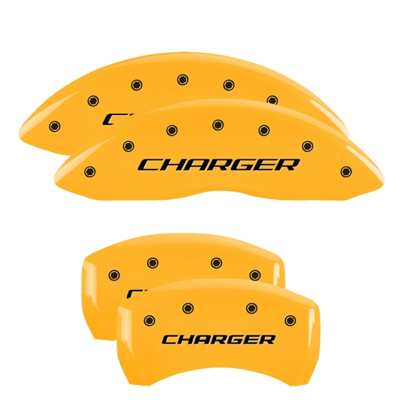 MGP 4 Caliper Covers Engraved F & R Stripes/Challenger Yellow Finish Black Char 2006 Dodge Charger thumbnail 5