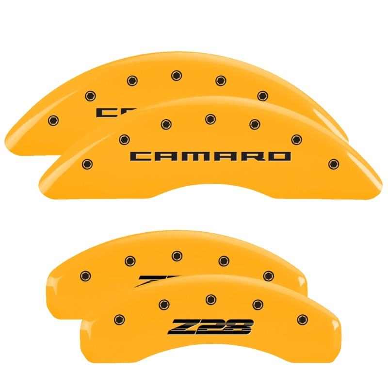 MGP 4 Caliper Covers Engraved Front Gen 5/Camaro Engraved Rear Gen 5/Z28 Yellow finish black ch thumbnail 7