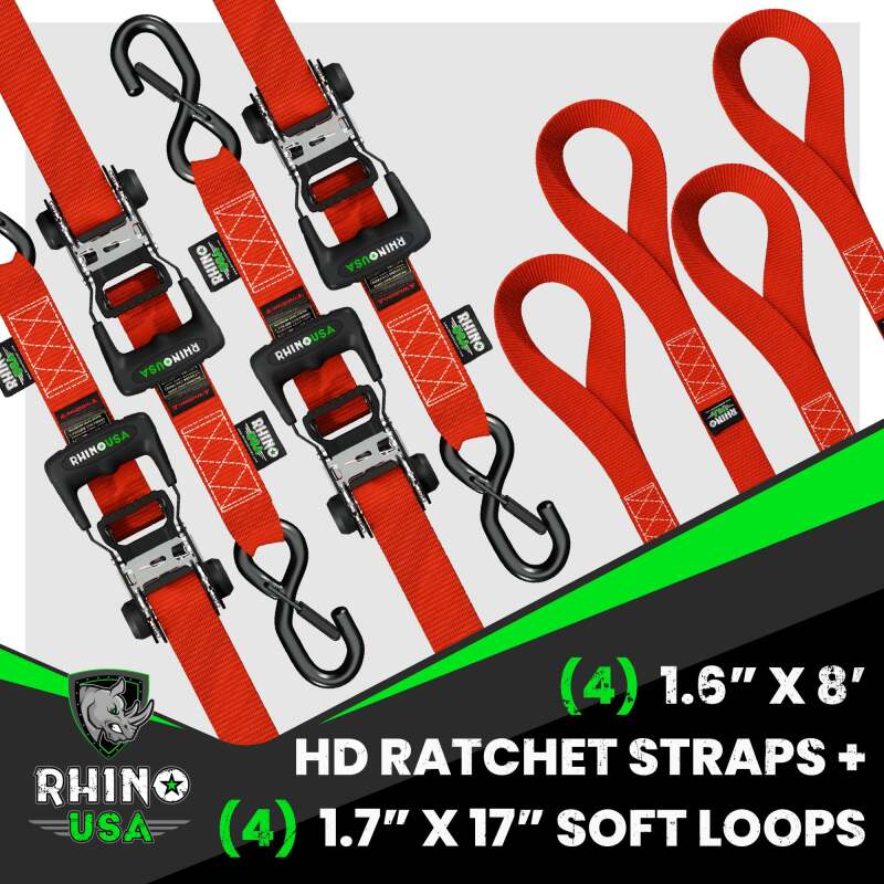 Rhino USA Heavy Duty Ratchet Tie-Down 4-Pack (Red) 1.6In X 8Ft thumbnail 2