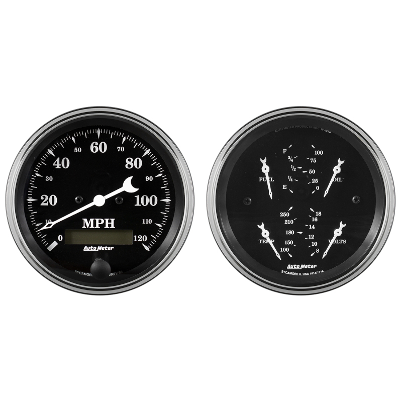 Auto Meter Gauge Kit 2 pc. Quad & Speedometer 3 3/8in Old Tyme Black thumbnail 2