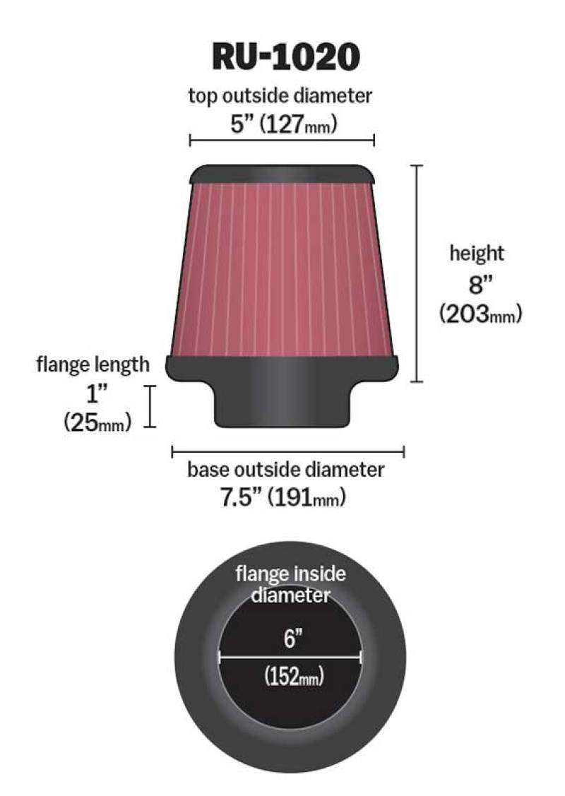 K&N Universal Tapered Filter 6in Flange ID x 7.5in Base OD x 5in Top OD x 8in Height thumbnail 4