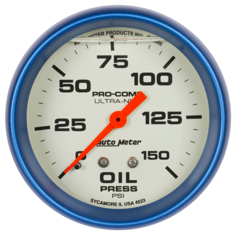 Autometer Ultra-Nite 2-5/8in 0-150 PSI Liquid Filled Mechanical Glow In Dark Oil Pressure Gauge thumbnail 3
