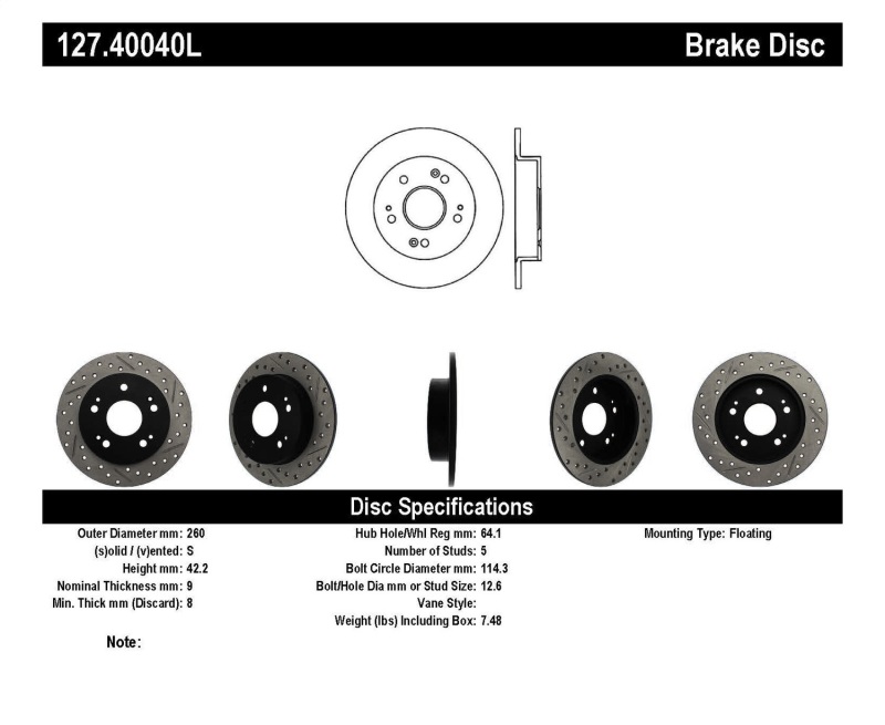 StopTech 06-09 Honda Civic Ex/Si Slotted & Drilled Left Rear Rotor thumbnail 3