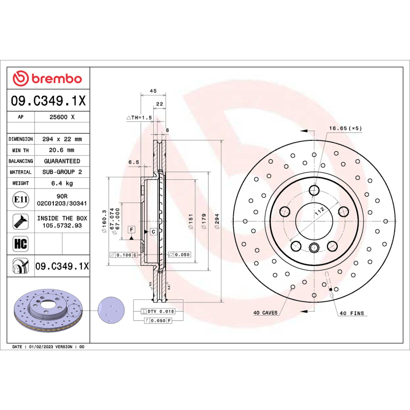 Brembo OE 01-17 BMW 1 Series (F52) Front Premium Xtra Cross Drilled UV Coated Rotor