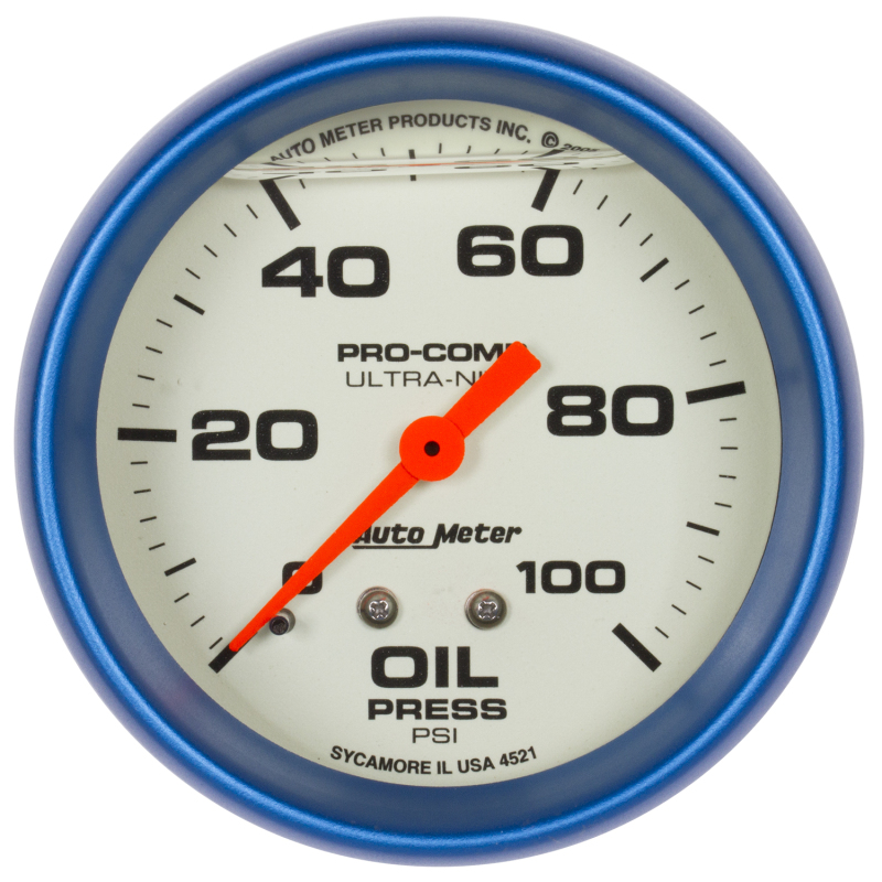 Autometer Ultra-Nite 2-5/8in 0-100 PSI Liquid Filled Mechanical Glow In Dark Oil Pressure Gauge thumbnail 2