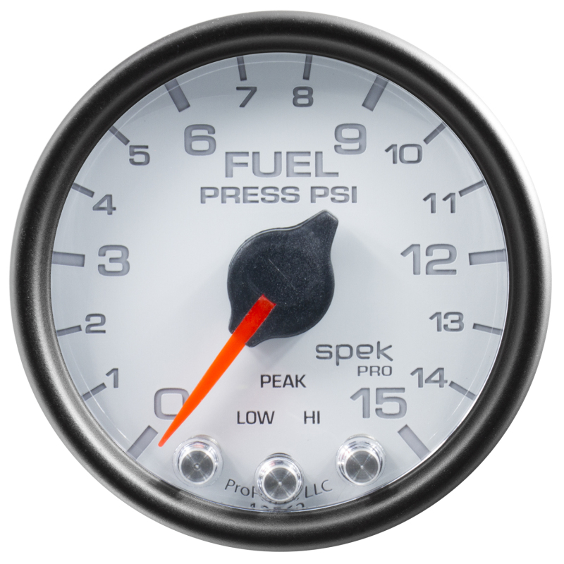 Autometer Spek-Pro Gauge Fuel Press 2 1/16in 15psi Stepper Motor W/Peak & Warn Wht/Blk