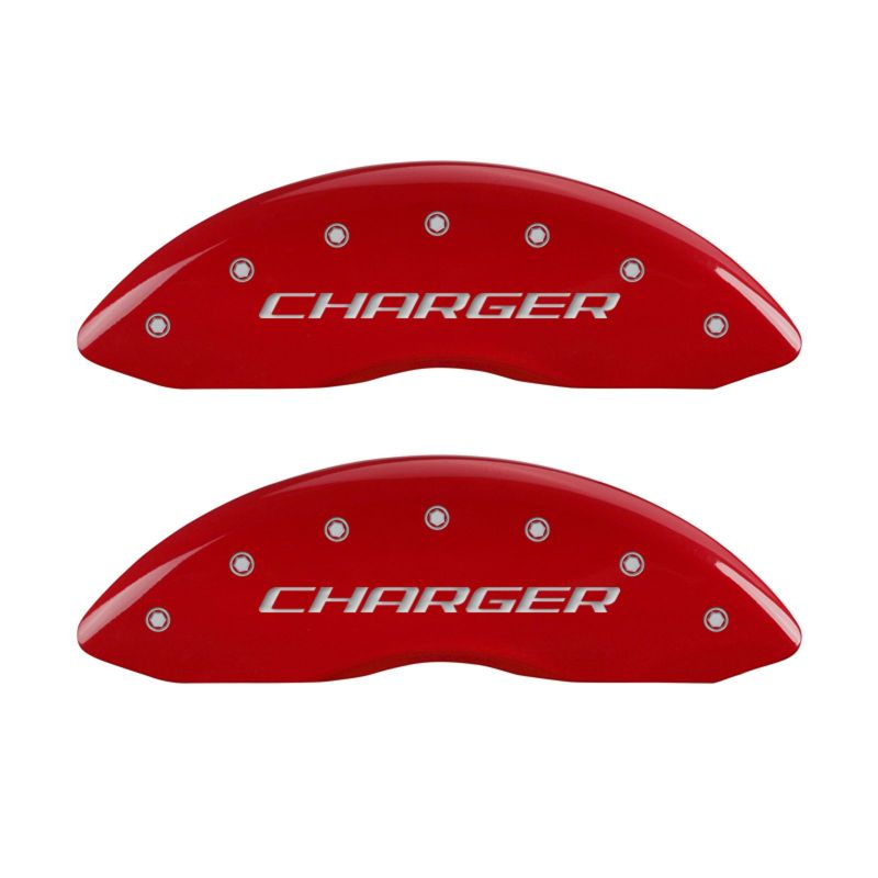 MGP 4 Caliper Covers Engraved Front Charger Engraved Rear RT Red finish silver ch thumbnail 4