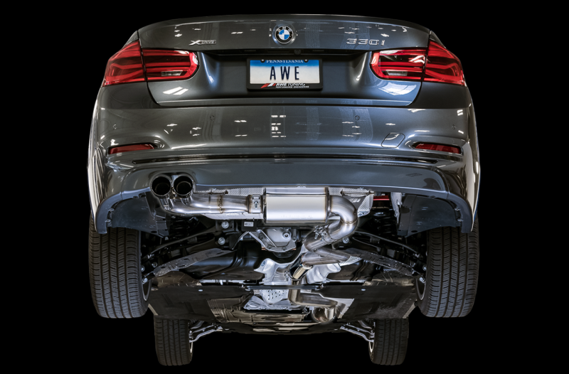 AWE Tuning BMW F3X N20/N26 328i/428i Touring Edition Exhaust Quad Outlet - 80mm Diamond Black Tips thumbnail 9