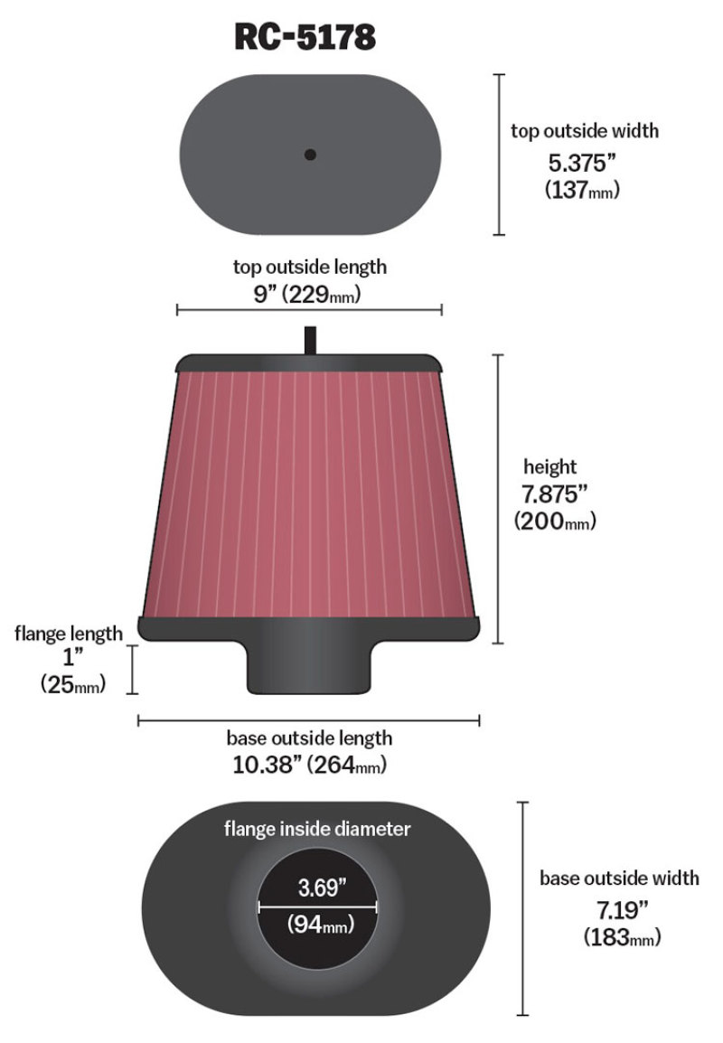 K&N Universal Air Filter - Oval Straight - 3.688in Flange ID x 10.25in Base O/S Length x 7.875in H thumbnail 4