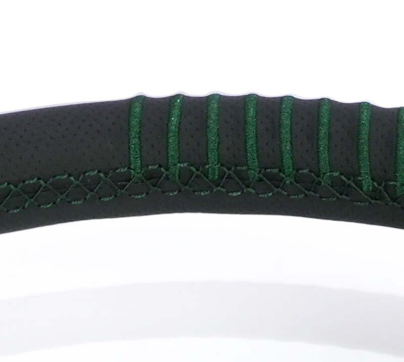 NRG Steering Wheel 1.5in Dish 350mm Black Perforated Leather - Emerald Stitching - Reinforced Spoke thumbnail 2