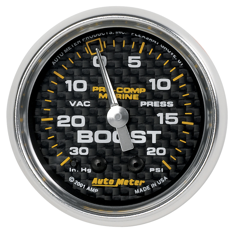 Autometer Marine Carbon Fiber 2-1/16in 30INHG/20PSI Mechanical Vacuum/Boost Gauge thumbnail 6
