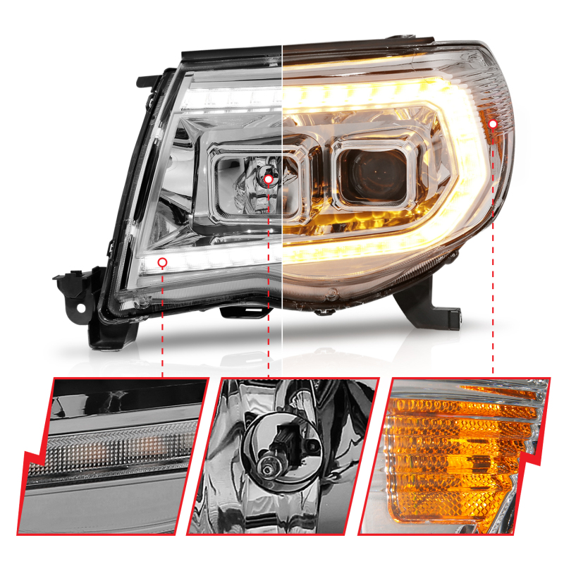 ANZO 05-11 Toyota Tacoma Projector Headlights w/Light Bar Switchback Chrome Housing thumbnail 8