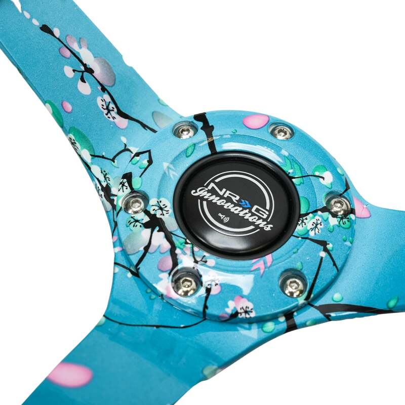 NRG Reinforced Suede Steering Wheel (350mm / 3in. Deep) Hydro Dipped Blossom Floral w/ Teal Stitch thumbnail 2