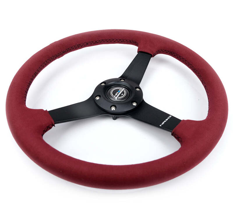NRG Sport Wheel (350mm) 3 Solid Spokes - 1.5in Deep - Burgundy - Micro Suede - Black Stitching thumbnail 2