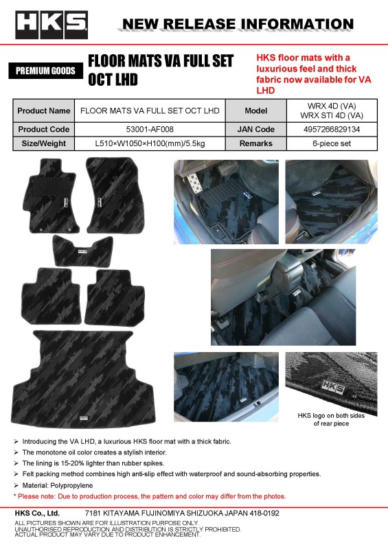 HKS FLOOR MATS VA FULL SET OCT LHD