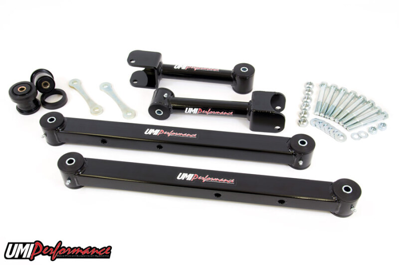 UMI rear control arm kit improves handling, reduces wheel hop, USA-made.