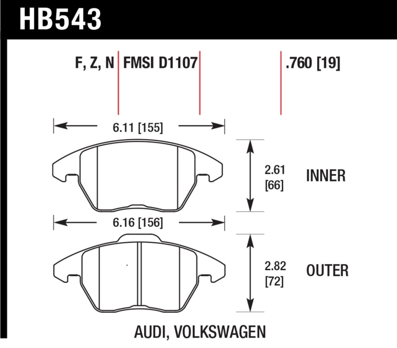 Hawk Audi A3 Quattro / VW EOS / Golf / Jetta / Passat / Rabbit HPS Front Brake Pads thumbnail 6