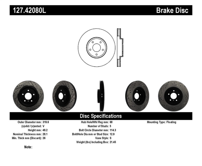 StopTech 06-07 350Z / 05-07 G35 exp Sport/ 06-07 G35X SportStop Slotted & Drilled Front Left Rotor thumbnail 3