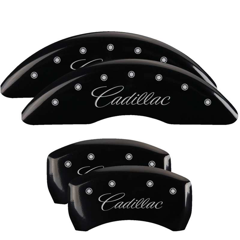 MGP 4 Caliper Covers Engraved Front & Rear Cursive/Cadillac Black finish silver ch thumbnail 2