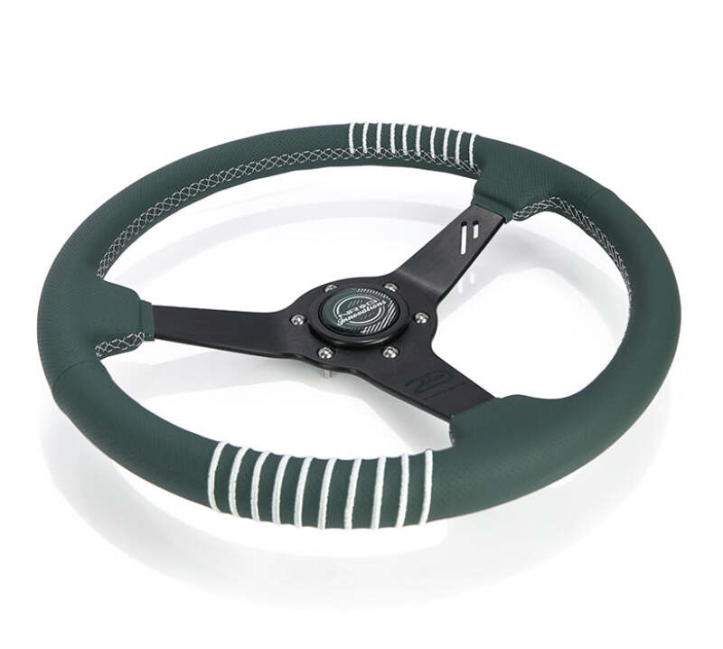NRG Steering Wheel 1.5in Dish 350mm Black Perforated Leather - Emerald Stitching - Reinforced Spoke thumbnail 3