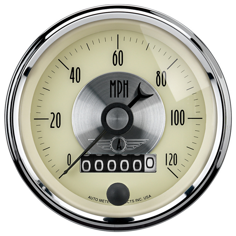 AutoMeter Gauge Speedo 3-3/8in. 120MPH Elec. Program W/Wheel Odo Prestige Antique. Ivory thumbnail 3