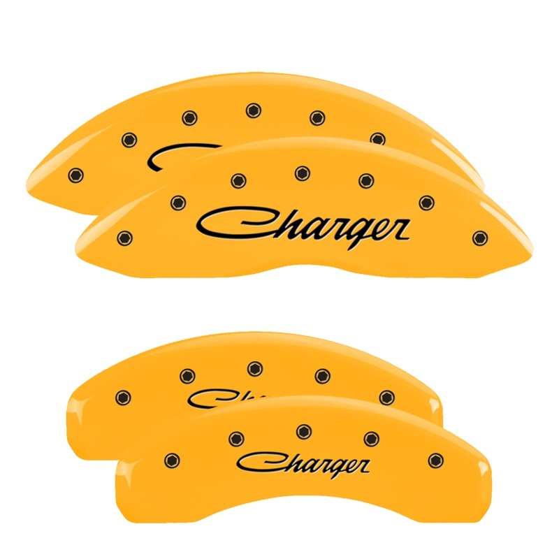 MGP 4 Caliper Covers Engraved Front & Rear Cursive/Charger Yellow finish black ch thumbnail 4