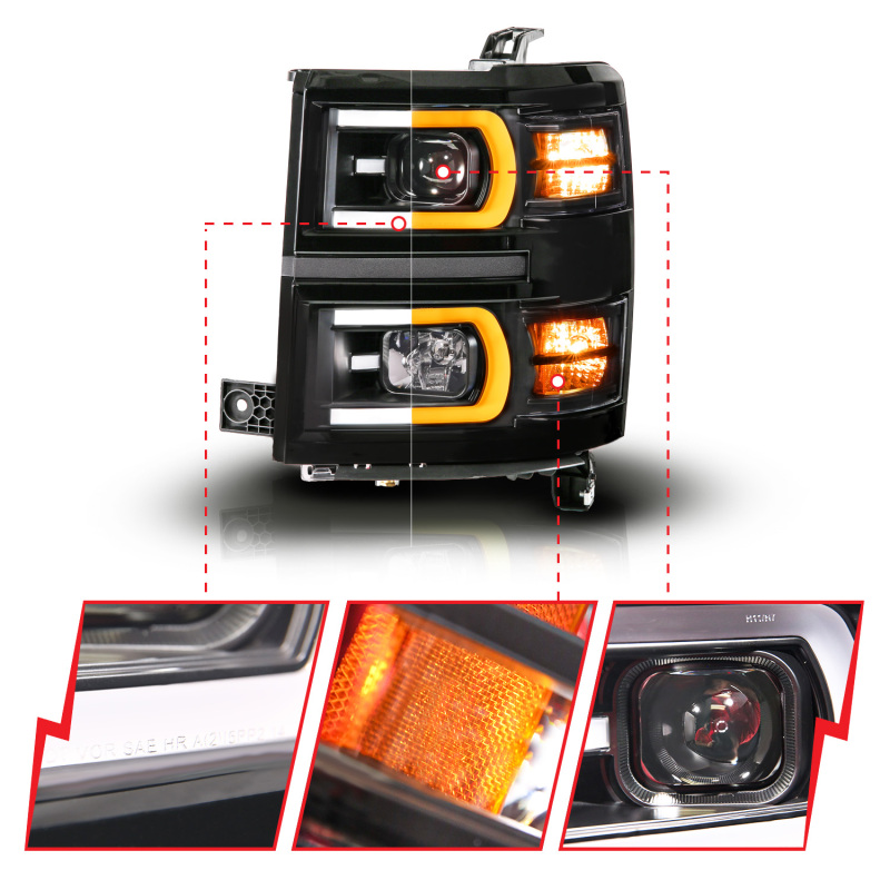ANZO 14-15 Chevy Silverado 1500 Black Dual Switchback+Sequential LED Tube Sq. Projector Headlights thumbnail 8