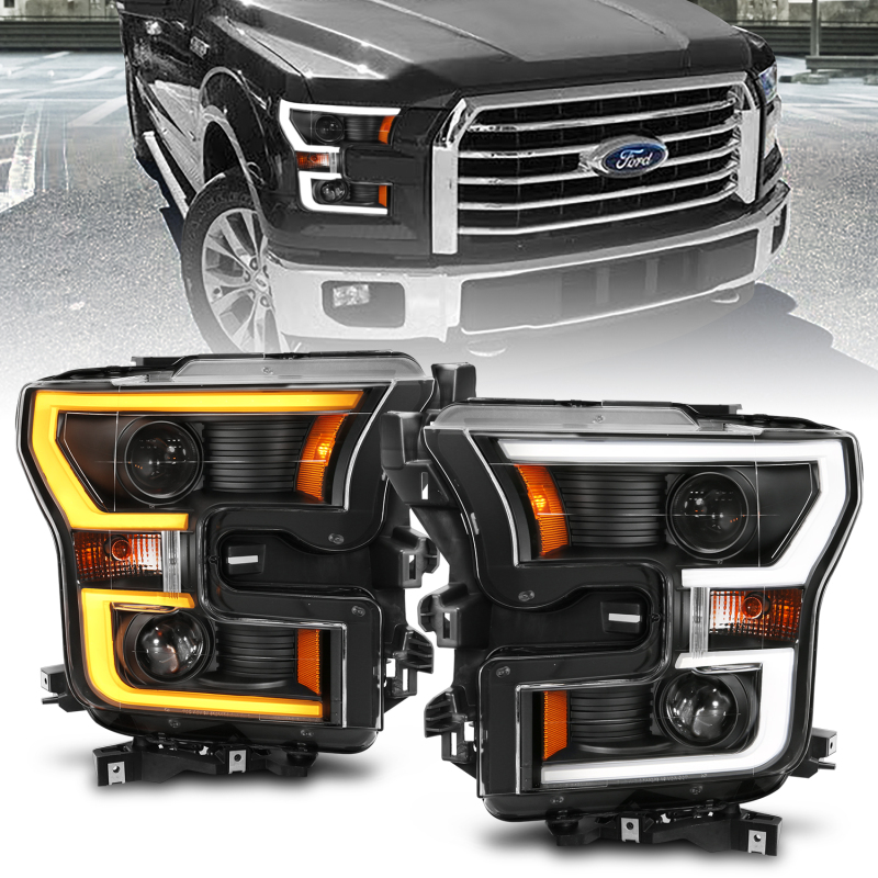 ANZO 2015-2017 Ford F-150 Projector Headlights w/ Plank Style Switchback Black w/ Amber thumbnail 8