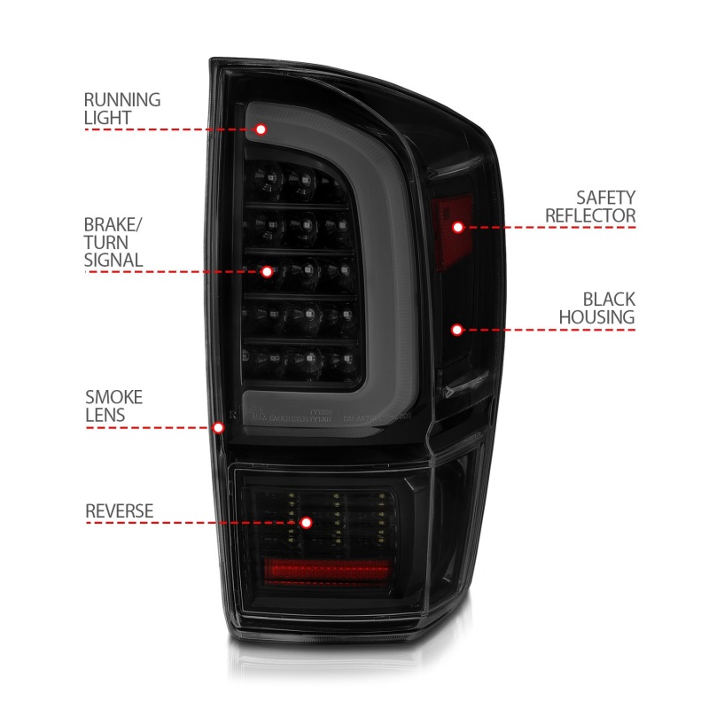 ANZO 16-21 Toyota Tacoma LED Tail Lights - w/ Light Bar Sequential Black Housing & Smoke Lens thumbnail 5