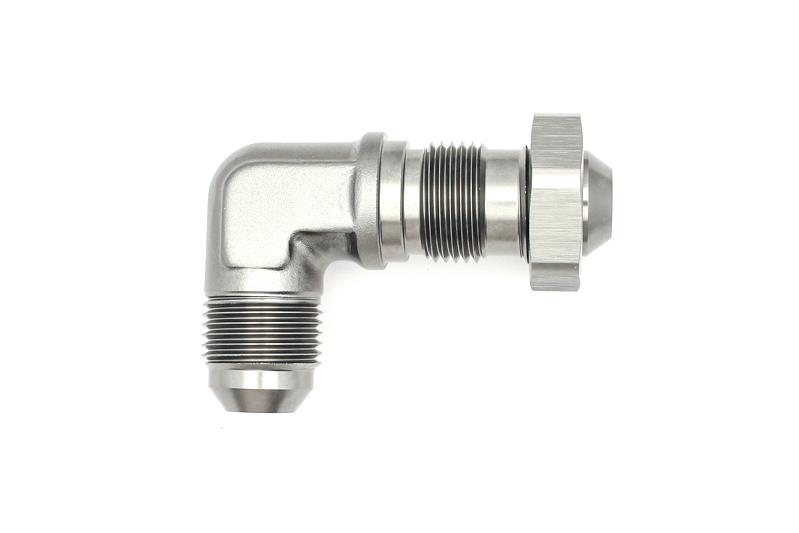 DeatschWerks 8AN Male Flare To 8AN Male Flare Bulkhead Adapter 90-Degree (Incl. Nut)
