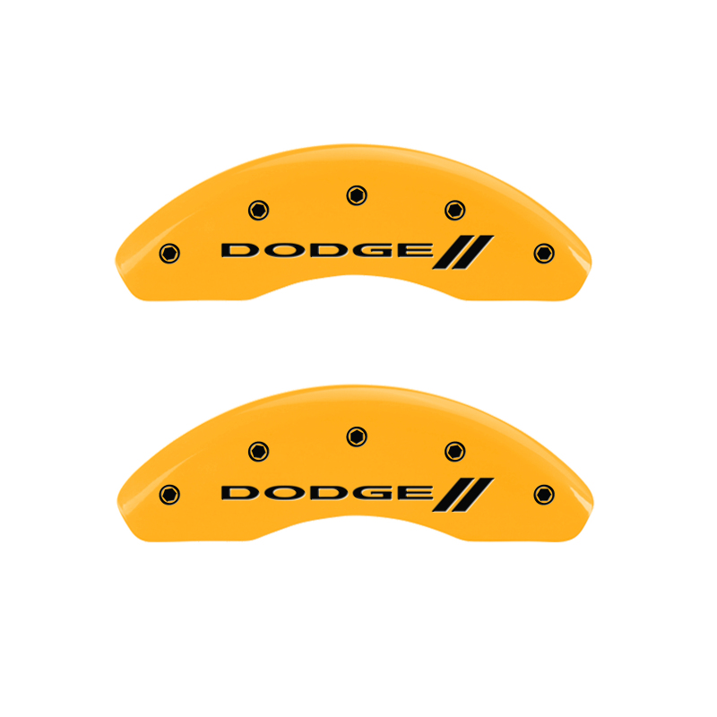 MGP 4 Caliper Covers Engraved Front & Rear With stripes/Dodge Yellow finish black ch thumbnail 5