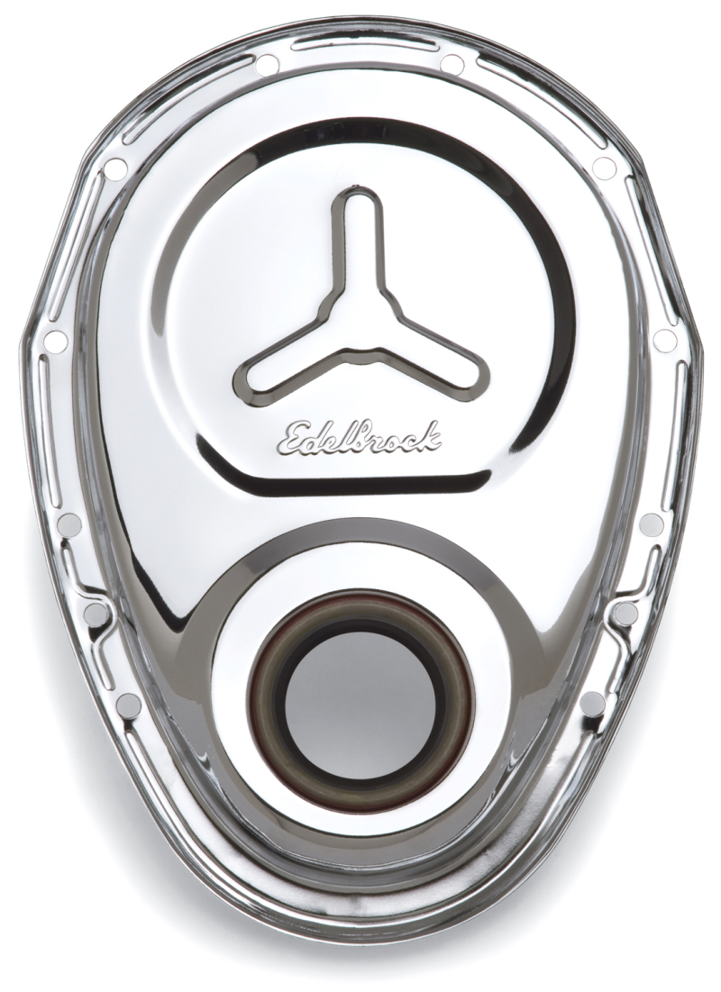 Edelbrock Timing Cover SB-Chevy Chrome w/ Welded Reinforcement Plate thumbnail 4