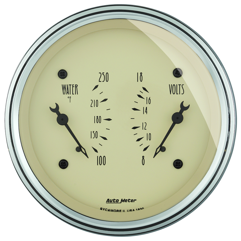 AutoMeter Gauge Dual Wtmp & Volt 3-3/8in. 250 Deg. F & 18V Elec Antique Beige thumbnail 2