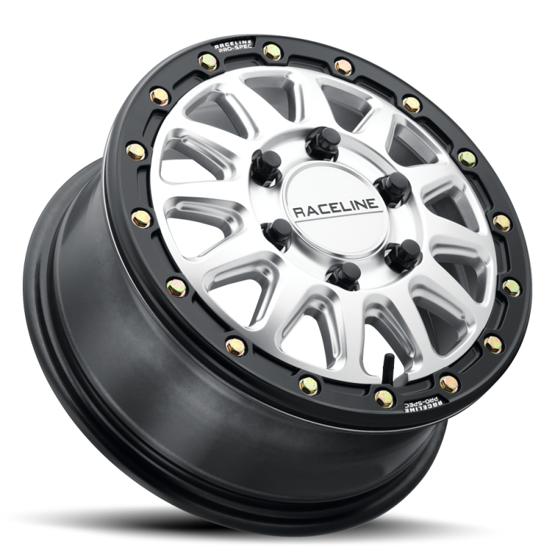 Raceline A14SB Alpha 15x7in/4x156 BP/10mm Offset/132.5mm Bore - Silver & Blk Ring Beadlock Wheel
