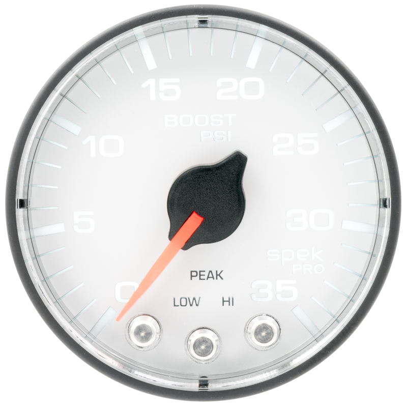 Autometer Spek-Pro 2 1/16in 35PSI Stepper Motor W/Peak & Warn White/Black Boost Gauge