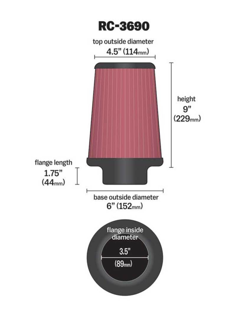 K&N Universal Chrome Filter 3 1/2 inch ID FLG / 6 inch Bottom / 4 1/2 inch CR / 9 inch Length thumbnail 4