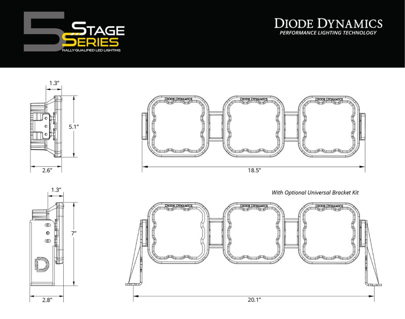 Diode Dynamics SS5 Sport Universal CrossLink 3-Pod Lightbar - White Driving thumbnail 4