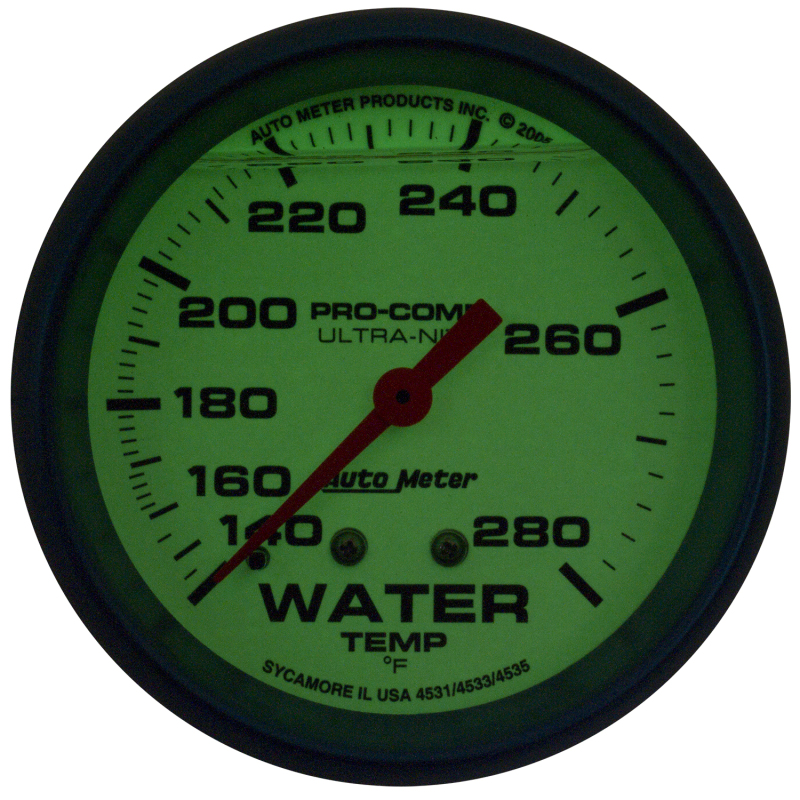Autometer Ultra-Nite 2-5/8in 140-280 Degree Liquid Filled Mechanical Glow In Dark Water Temp Gauge thumbnail 3