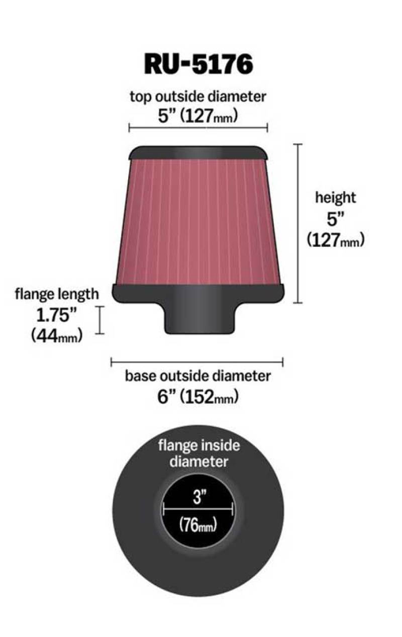 K&N Universal Rubber Filter-Round Tapered 3in Flange ID x 6in Base OD x 6in Top OD x 5in H thumbnail 4