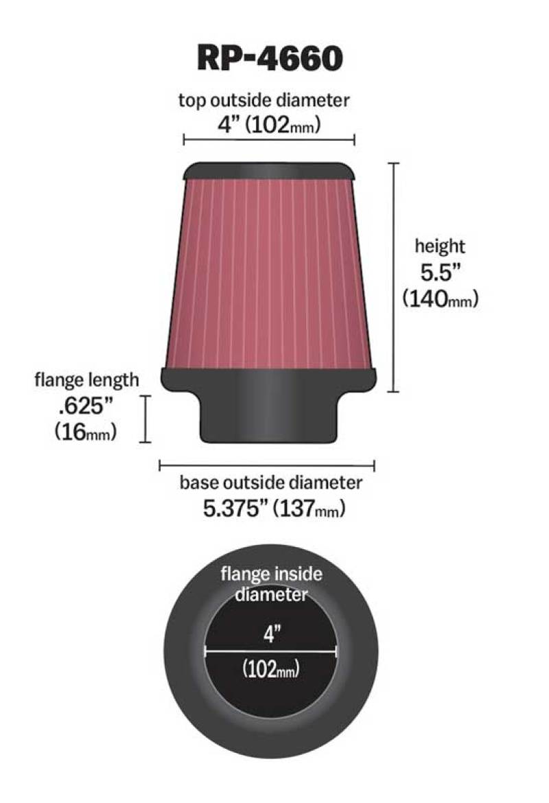 K&N Universal Air Filter - Round Tapered 4in Flange ID / 5.375in Base OD / 4in Top OD / 5.5in H thumbnail 4
