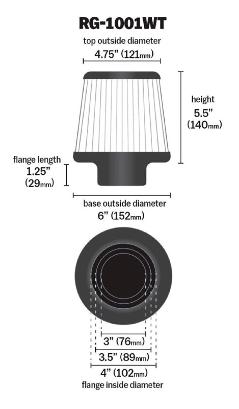 K&N Universal Filter Chrome Round Tapered White - 4in Flange ID x 1.125in Flange Length x 5.5in H thumbnail 4