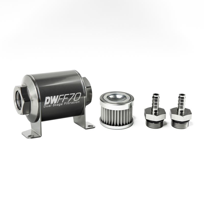 DeatschWerks Stainless Steel 5/16in 5 Micron Universal Inline Fuel Filter Housing Kit (70mm) thumbnail 2